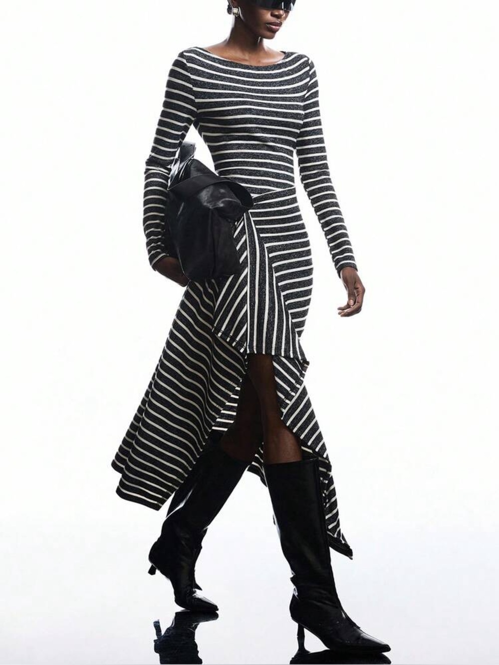 SHEIN Striped Asymmetric Gray White Midi Length Streetwear Dress Womens Size XS